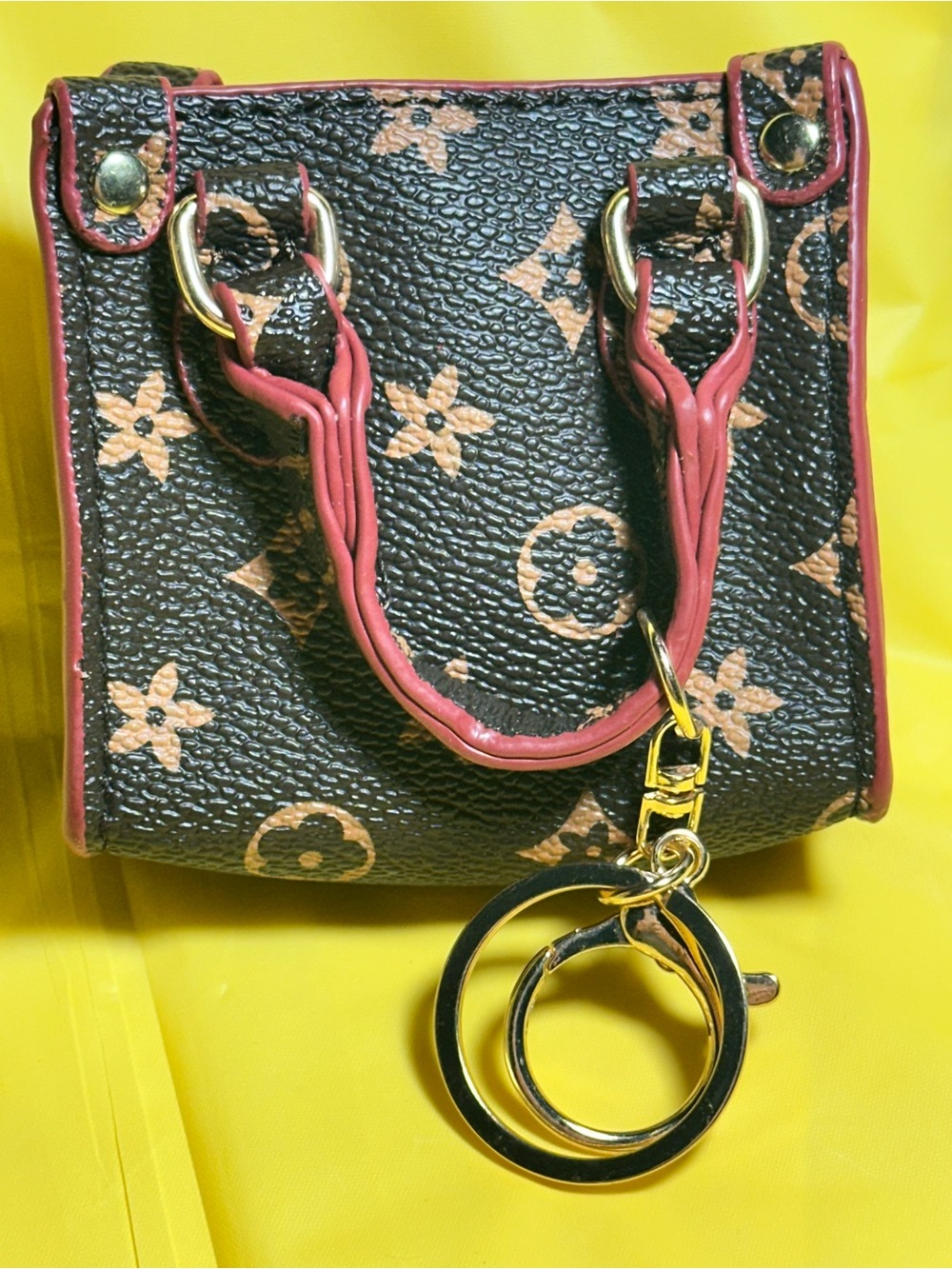 Designer-Inspired Brown Monogram Mini Handbag Keychain with Pink Trim